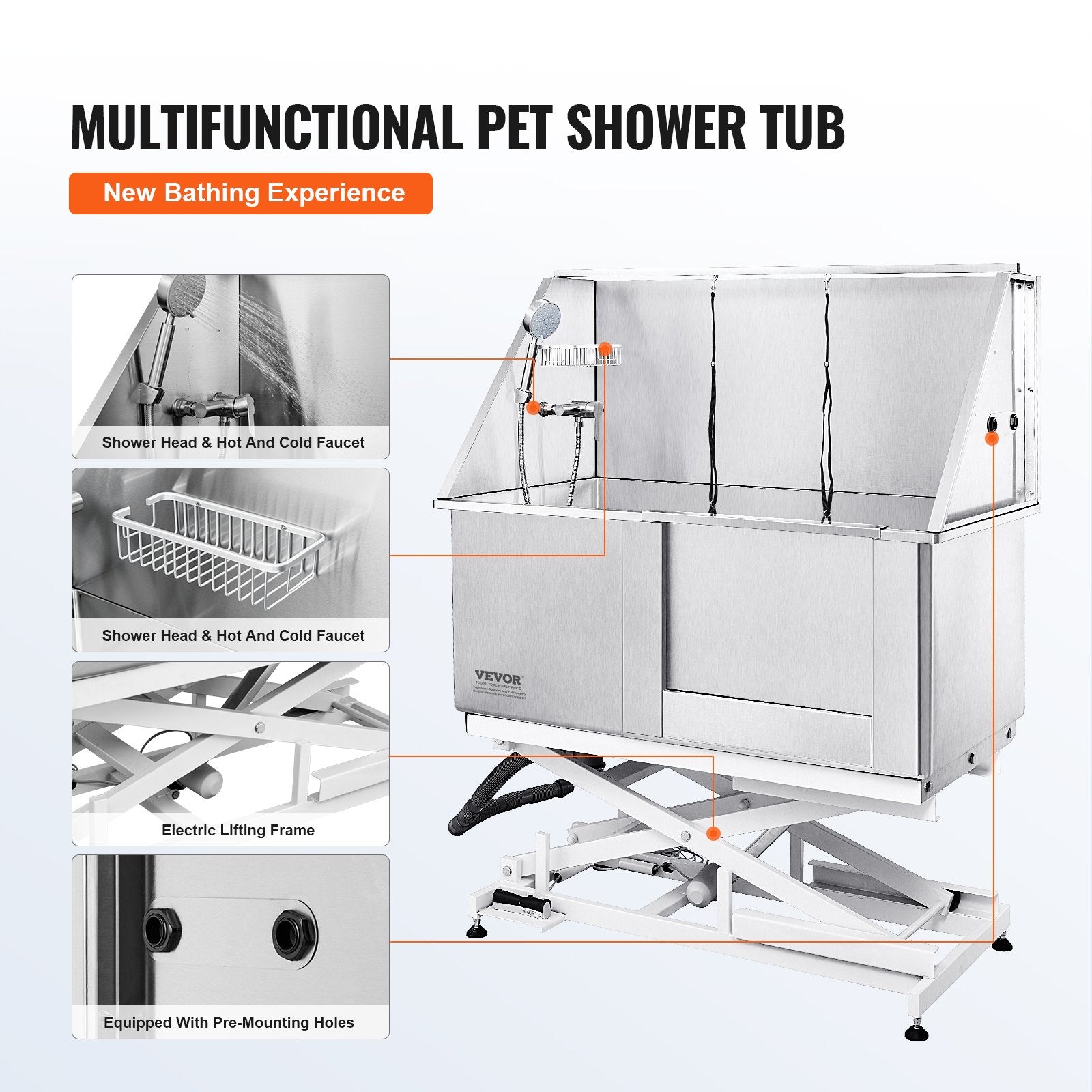 VEVOR 50" Pet Dog Bathing Station Electric Height Adjustment, Professional Stainless Steel Dog Grooming Tub w/ Soap Box, Faucet,Rich Accessory,Bathtub for Multiple Pets, Washing Sink for Home(Right) 
