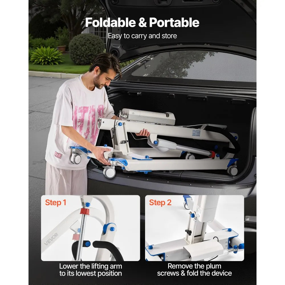 VEVOR Electric Patient Lift, Folding Patient Transfer Lift with U-Shaped Sling, Height & Width Adjustable Medical Transfer Assist with 4 Wheels & Handle Controller for Disabled Bedridden, 400LBS 