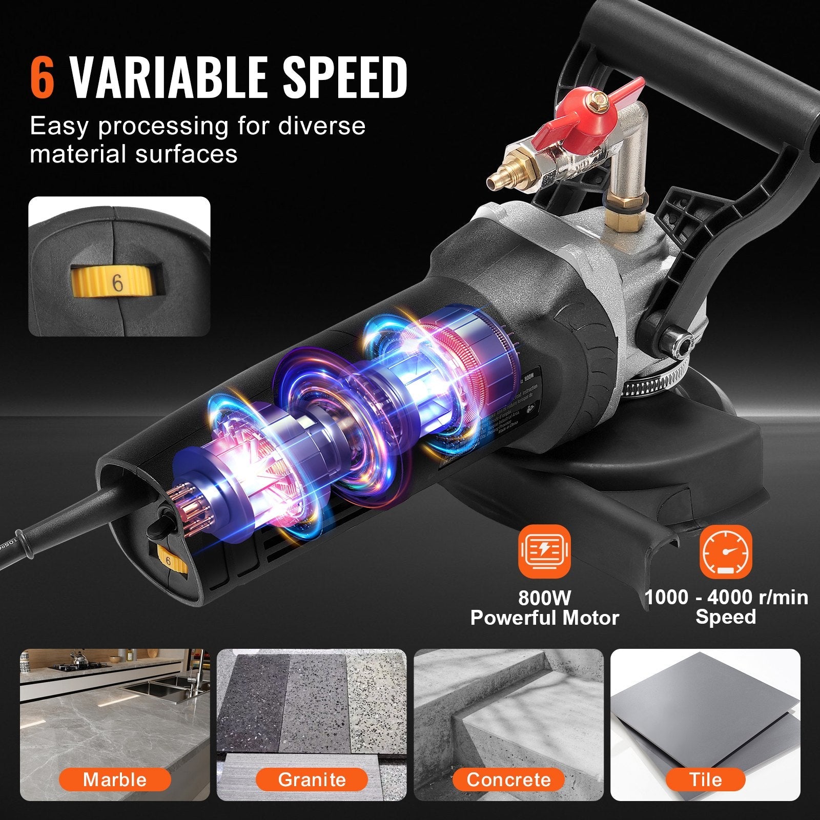 VEVOR Wet Stone Polisher 4-Inch Electric Granite Polisher with 6 Speed & 7 Pads 