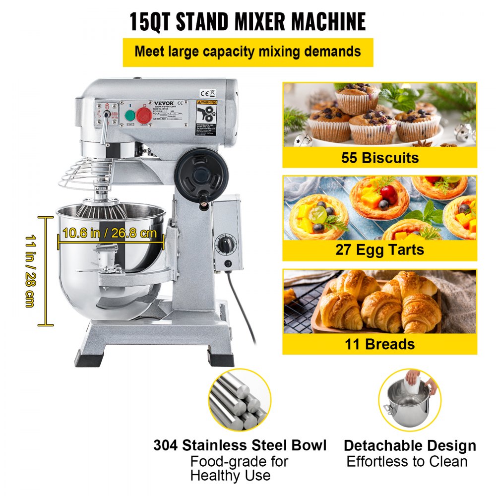 VEVOR Commercial Stand Mixer, 15Qt Stainless Steel Bowl, 500W Heavy Duty Electric Food Mixer with 3 Speeds Adjustable 113/184/341 RPM, Dough Hook Whisk Beater Included, Perfect for Bakery Pizzeria 