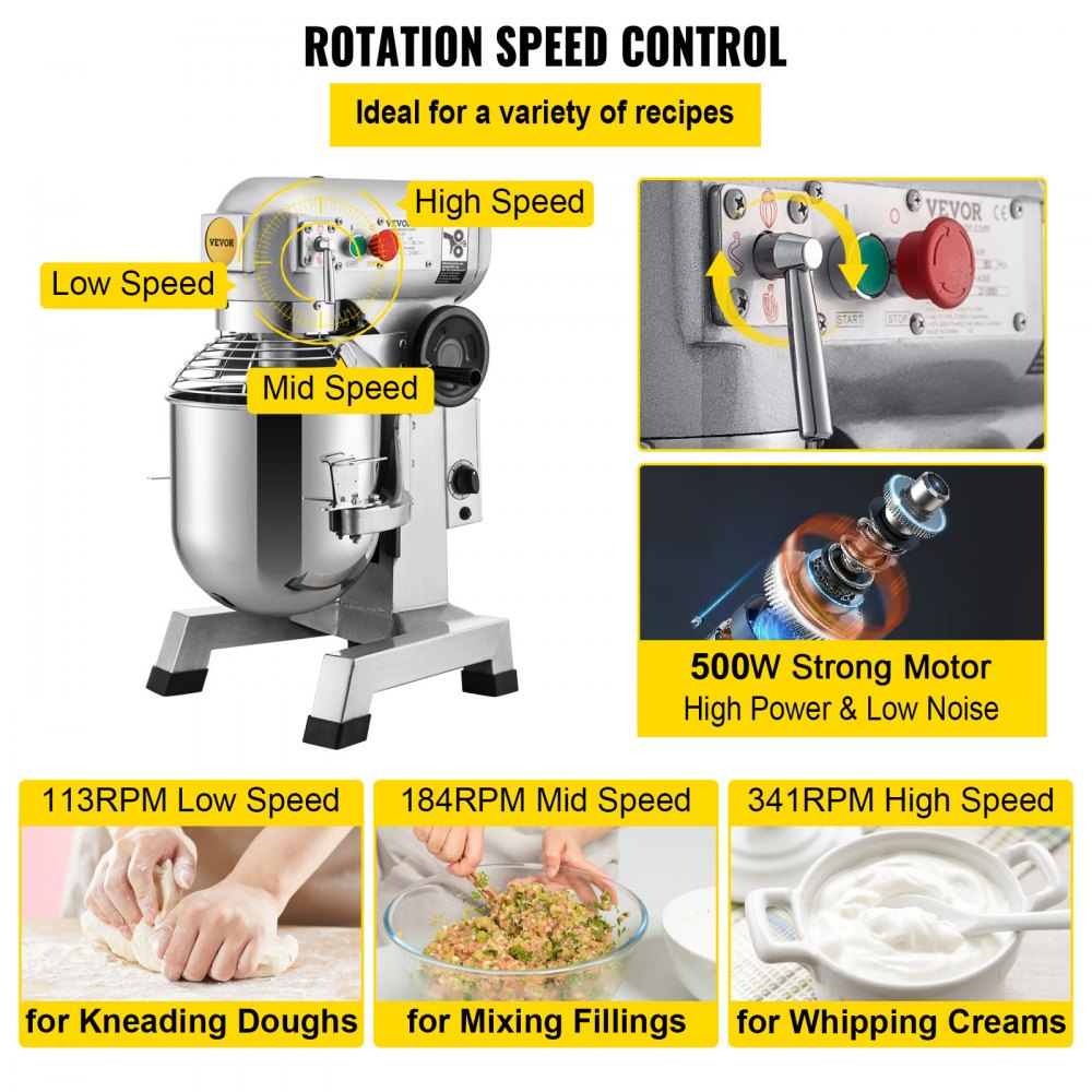 VEVOR Commercial Stand Mixer, 15Qt Stainless Steel Bowl, 500W Heavy Duty Electric Food Mixer with 3 Speeds Adjustable 113/184/341 RPM, Dough Hook Whisk Beater Included, Perfect for Bakery Pizzeria 