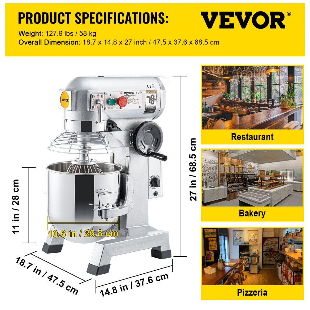 VEVOR Commercial Stand Mixer, 15Qt Stainless Steel Bowl, 500W Heavy Duty Electric Food Mixer with 3 Speeds Adjustable 113/184/341 RPM, Dough Hook Whisk Beater Included, Perfect for Bakery Pizzeria 