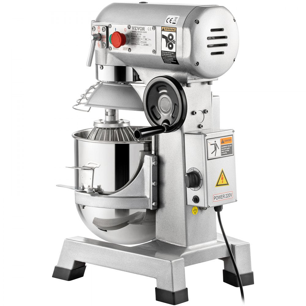 VEVOR Commercial Stand Mixer, 15Qt Stainless Steel Bowl, 500W Heavy Duty Electric Food Mixer with 3 Speeds Adjustable 113/184/341 RPM, Dough Hook Whisk Beater Included, Perfect for Bakery Pizzeria 