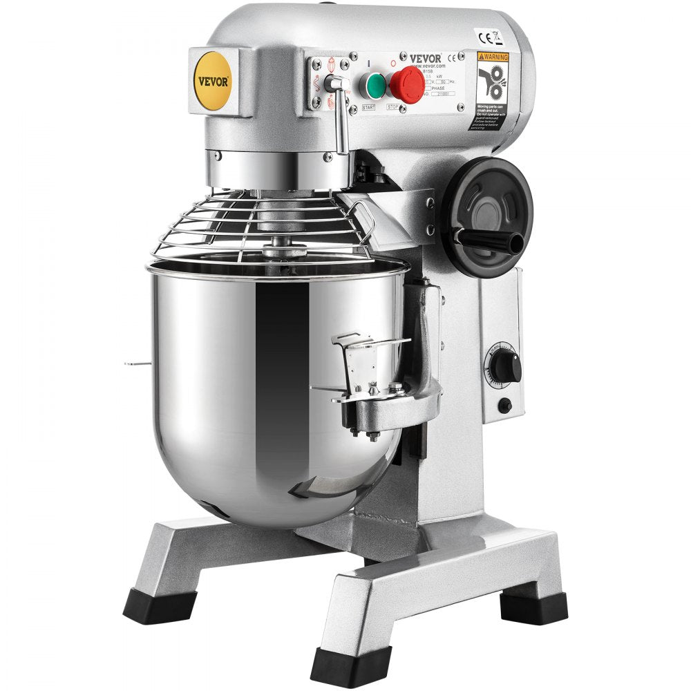 VEVOR Commercial Stand Mixer, 15Qt Stainless Steel Bowl, 500W Heavy Duty Electric Food Mixer with 3 Speeds Adjustable 113/184/341 RPM, Dough Hook Whisk Beater Included, Perfect for Bakery Pizzeria 