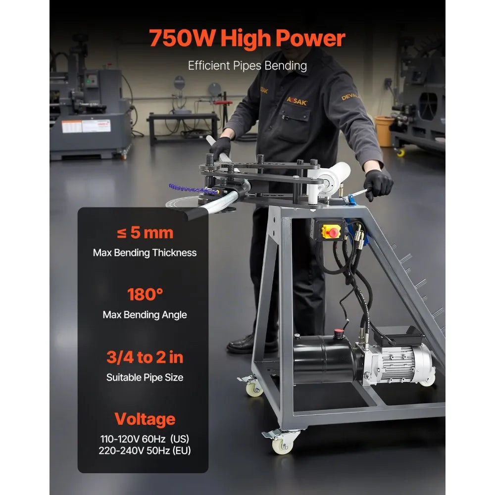 VEVOR Electric Tube Bending Machine, 750W Electric Tubing Bender with 6L Hydraulic Cylinder, Movable Pipe Bender Machine with Casters, 3 Dies & 180° Max Bending Angle, Suitable for 3/4 to 2 inch Pipes 