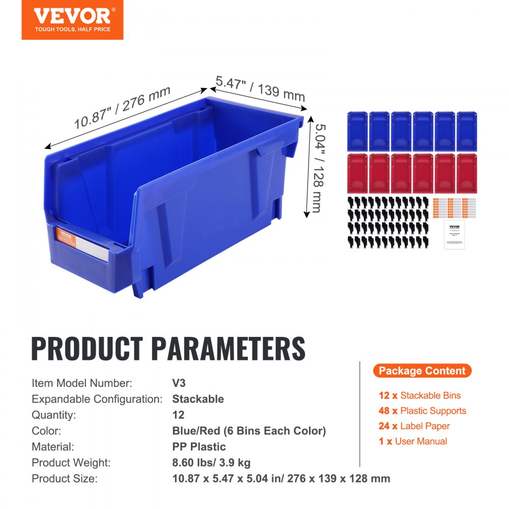 VEVOR Plastic Storage Bin, (11-Inch x 5-Inch x 5-Inch), Hanging Stackable Storage Organizer Bin, Blue/Red, 12-Pack, Heavy Duty Stacking Containers for Closet, Kitchen, Office, or Pantry Organization 