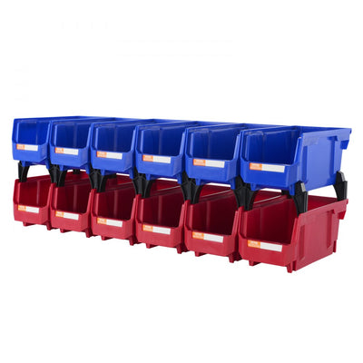 VEVOR Plastic Storage Bin, (11-Inch x 5-Inch x 5-Inch), Hanging Stackable Storage Organizer Bin, Blue/Red, 12-Pack, Heavy Duty Stacking Containers for Closet, Kitchen, Office, or Pantry Organization 