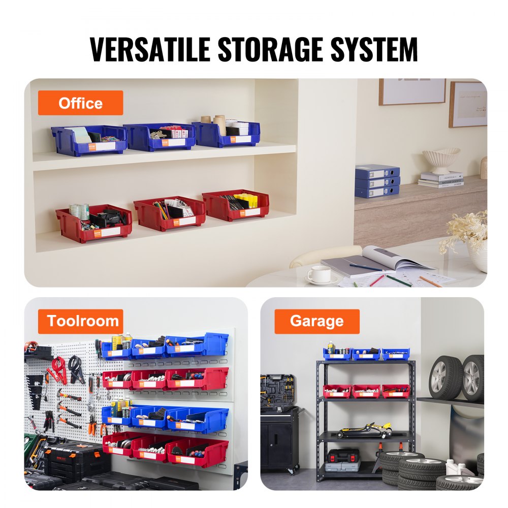 VEVOR Plastic Storage Bin, (11-Inch x 11-Inch x 5-Inch), Hanging Stackable Storage Organizer Bin, Blue/Red, 6-Pack, Heavy Duty Stacking Containers for Closet, Kitchen, Office, or Pantry Organization 