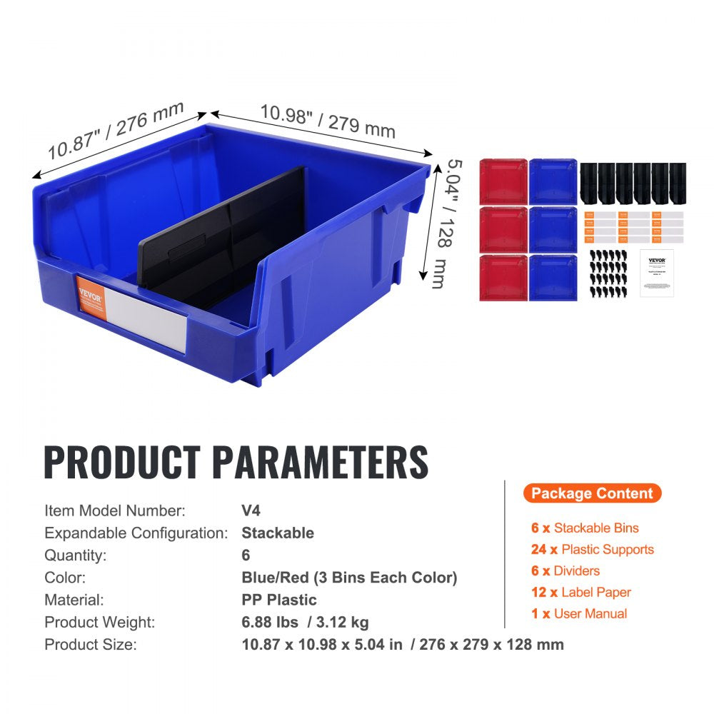 VEVOR Plastic Storage Bin, (11-Inch x 11-Inch x 5-Inch), Hanging Stackable Storage Organizer Bin, Blue/Red, 6-Pack, Heavy Duty Stacking Containers for Closet, Kitchen, Office, or Pantry Organization 