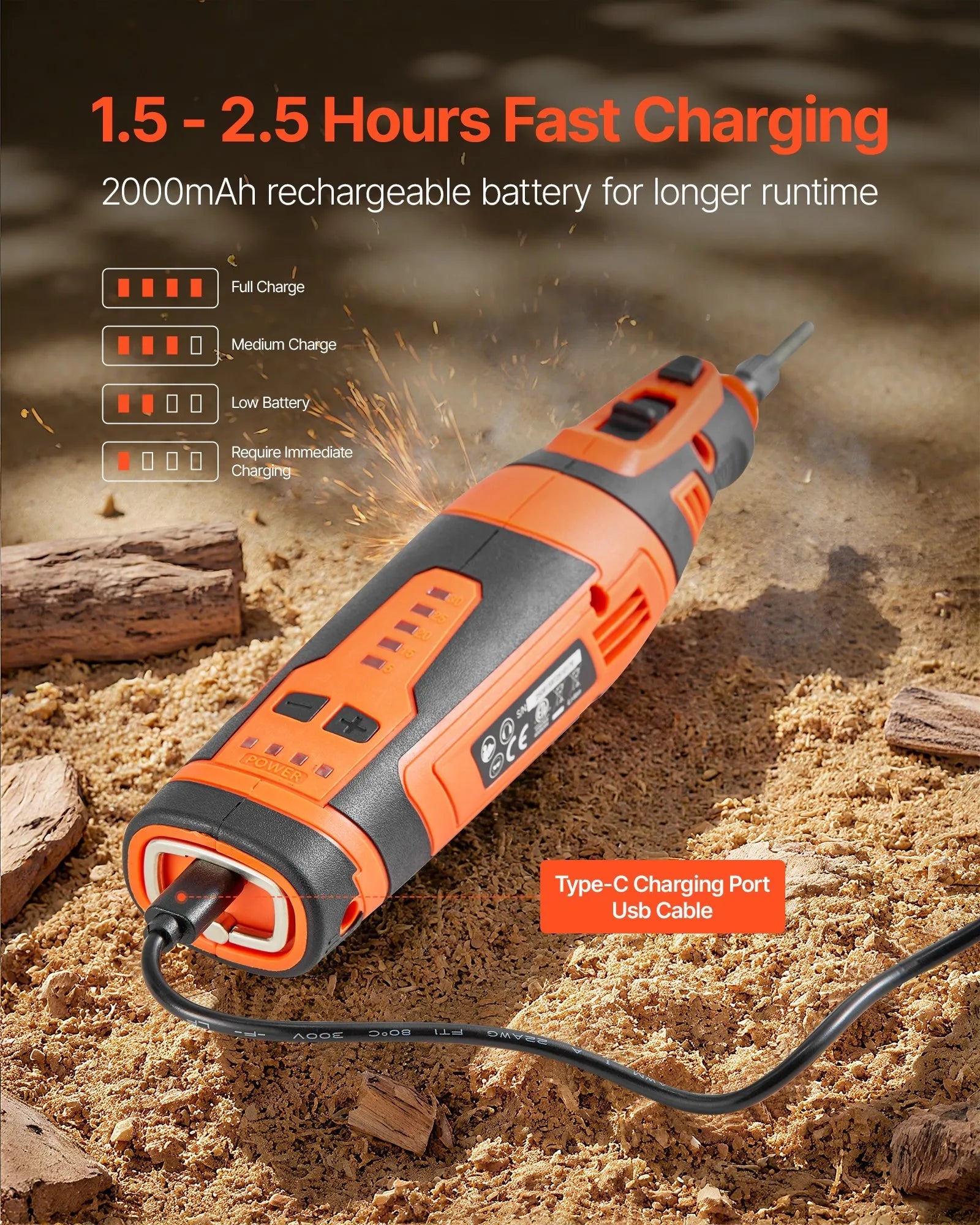 VEVOR Cordless Chainsaw Sharpener, 5-Speed Adjustable Electric Saw Chain Sharpener 5000-30000 RPM, Rechargeable Handheld Chainsaw Sharpening Tool with 4 Sharpening Heads & Angle Guide Attachment 