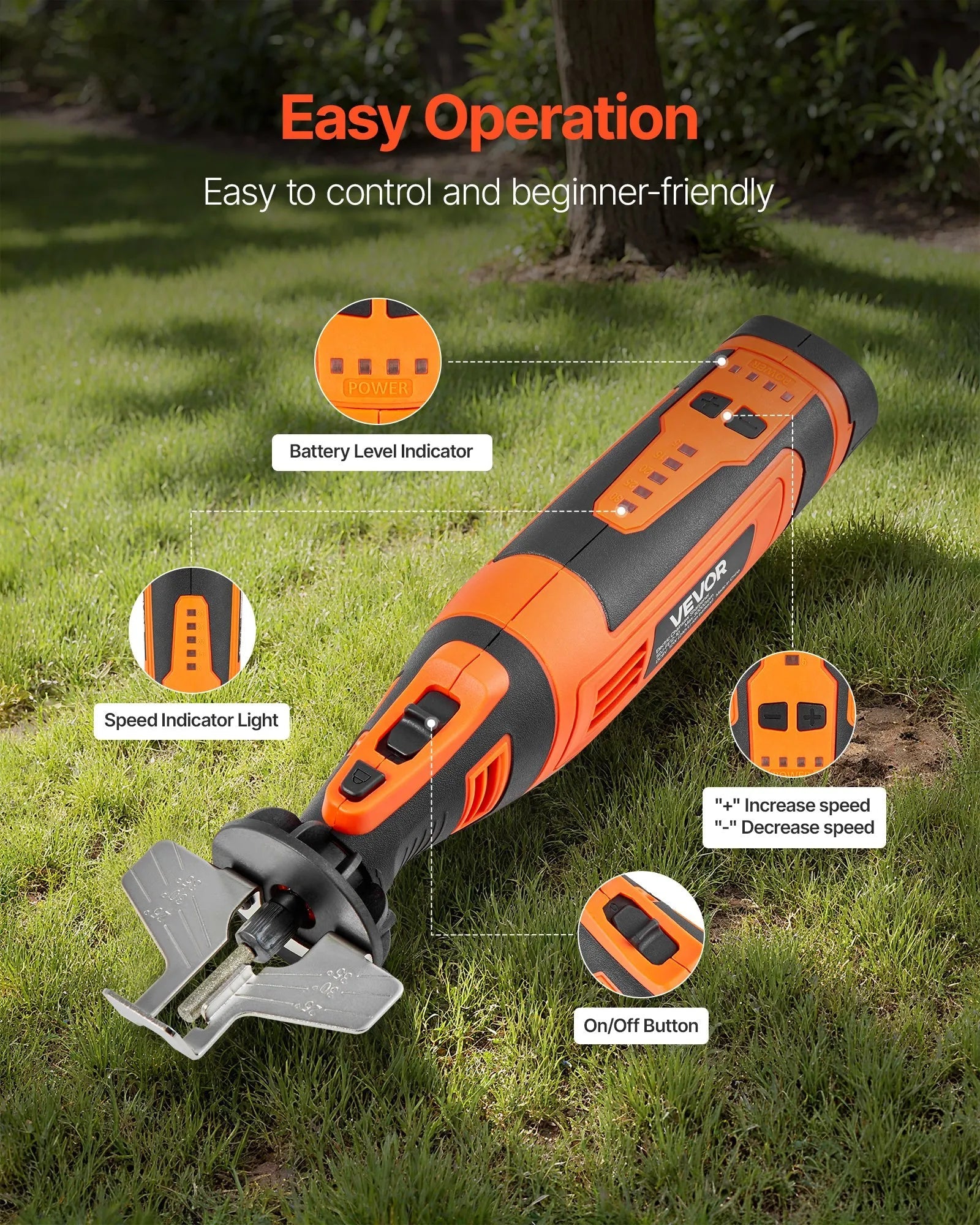 VEVOR Cordless Chainsaw Sharpener, 5-Speed Adjustable Electric Saw Chain Sharpener 5000-30000 RPM, Rechargeable Handheld Chainsaw Sharpening Tool with 4 Sharpening Heads & Angle Guide Attachment 