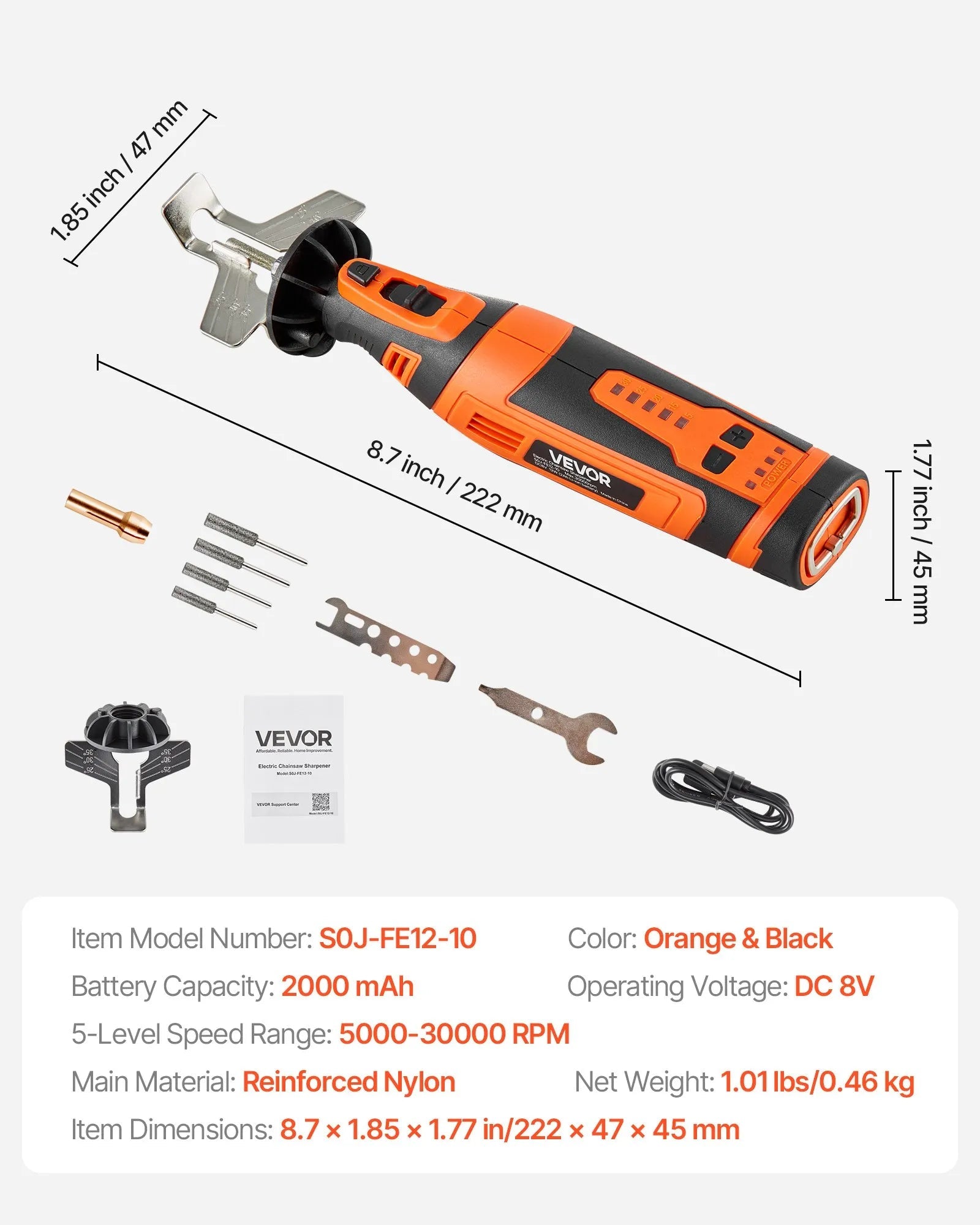 VEVOR Cordless Chainsaw Sharpener, 5-Speed Adjustable Electric Saw Chain Sharpener 5000-30000 RPM, Rechargeable Handheld Chainsaw Sharpening Tool with 4 Sharpening Heads & Angle Guide Attachment 