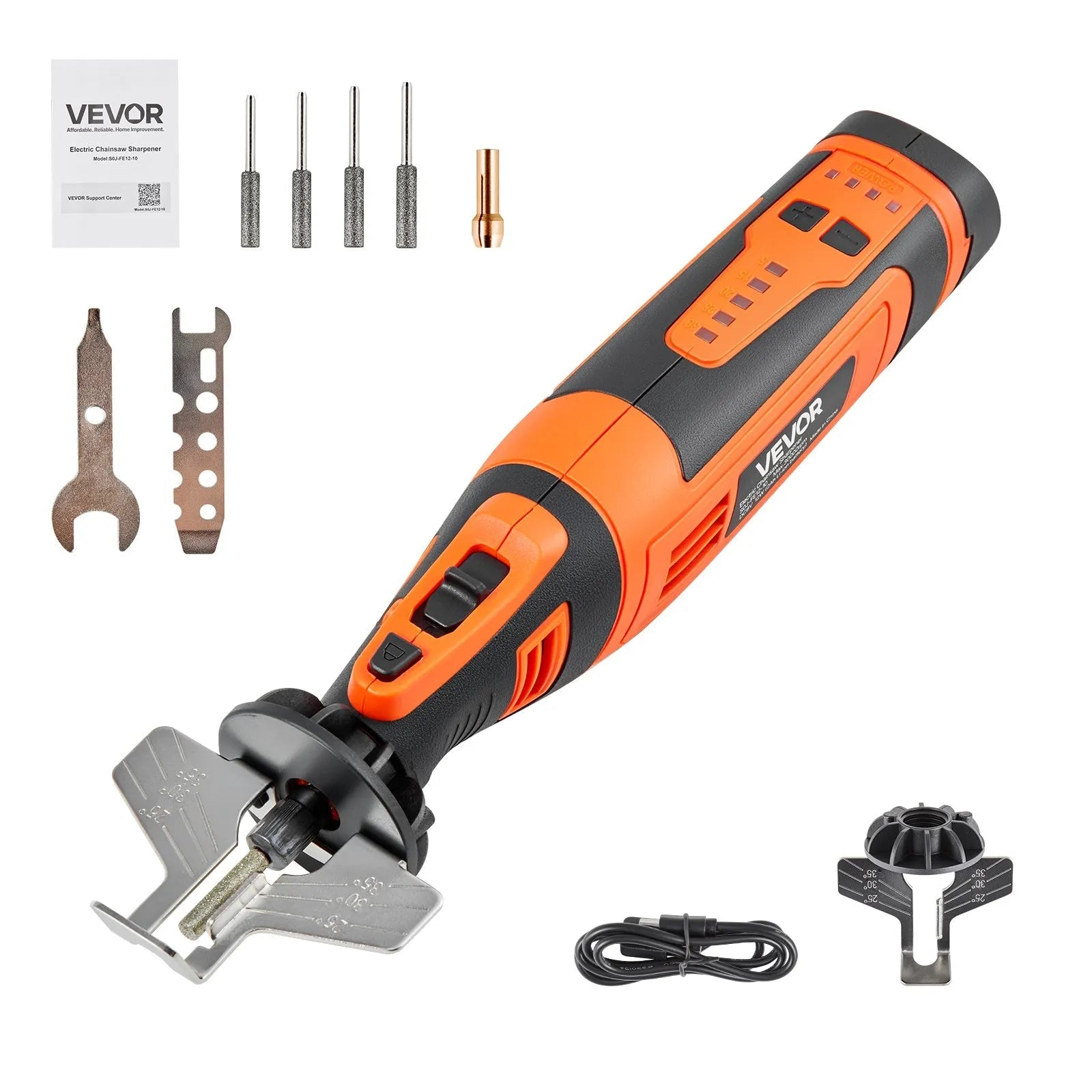 VEVOR Cordless Chainsaw Sharpener, 5-Speed Adjustable Electric Saw Chain Sharpener 5000-30000 RPM, Rechargeable Handheld Chainsaw Sharpening Tool with 4 Sharpening Heads & Angle Guide Attachment 