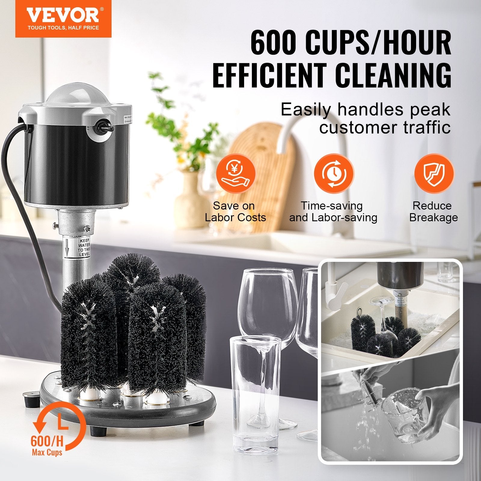 VEVOR Electric Glass Washer 5-Brush Bar Glass Cleaner 600 Cups/H for Wine Glass 