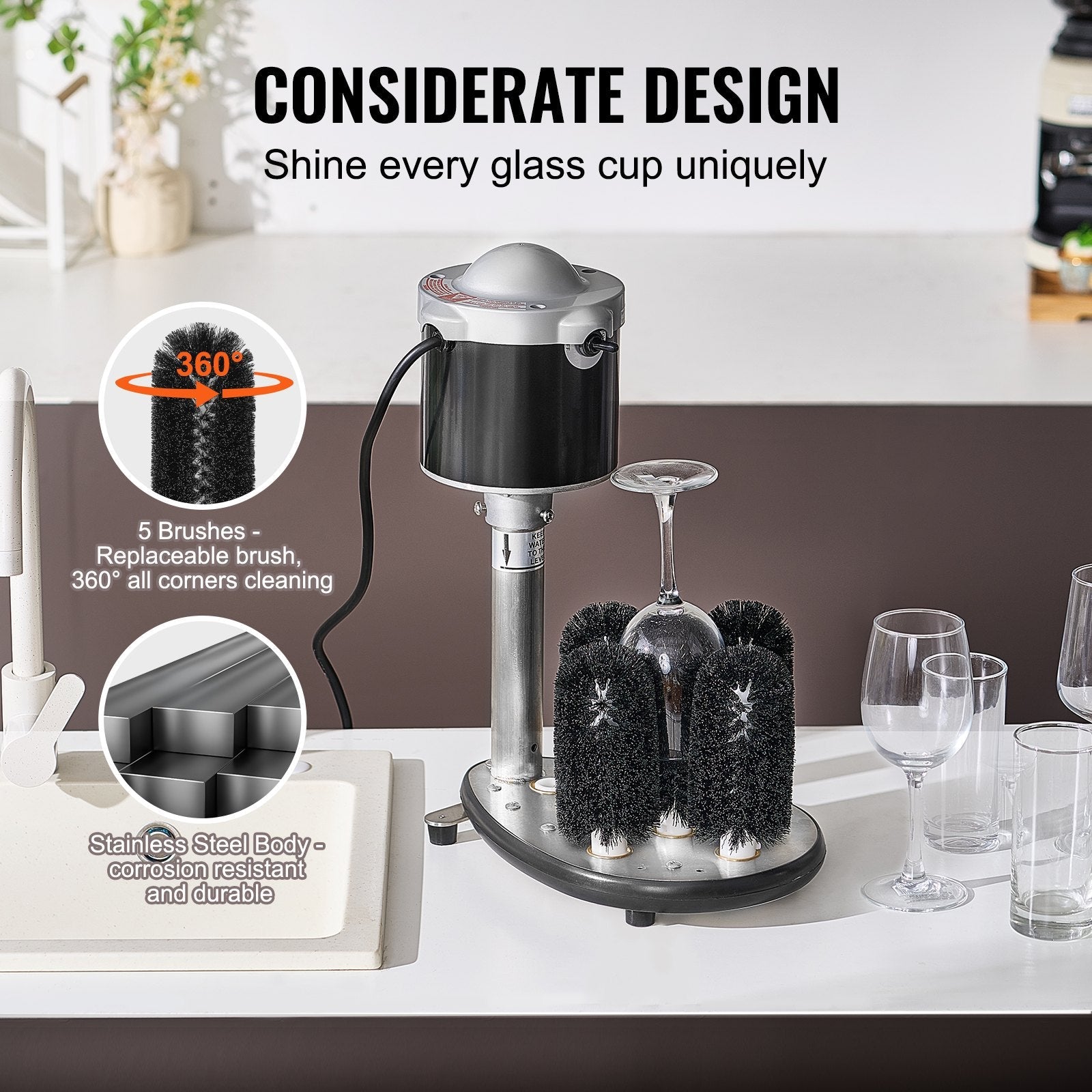 VEVOR Electric Glass Washer 5-Brush Bar Glass Cleaner 600 Cups/H for Wine Glass 