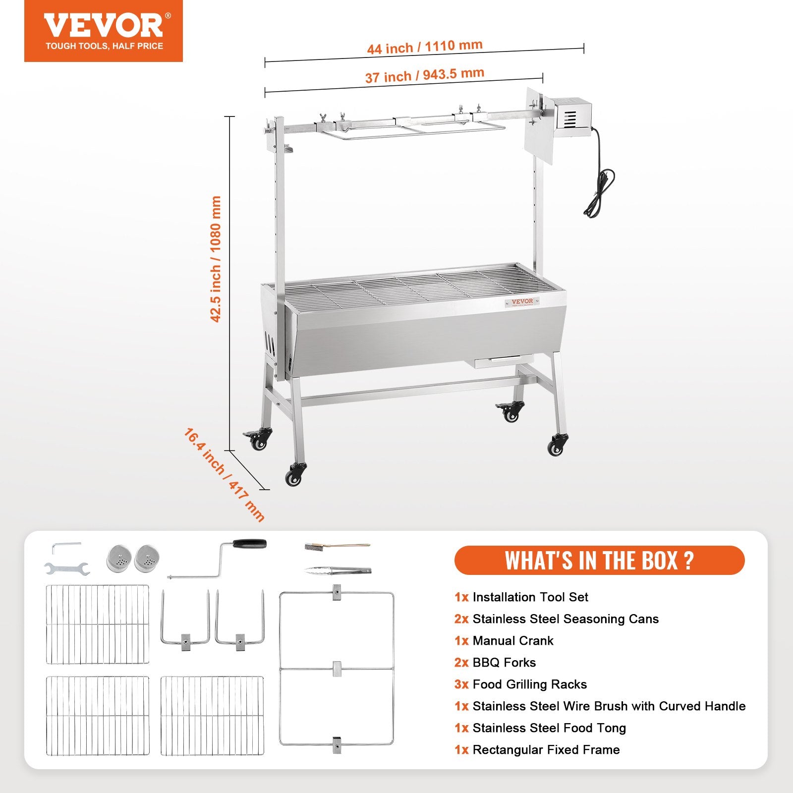 VEVOR Roaster Spit Rotisserie BBQ Grill Pig Lamb Chicken Roaster 42W 135 lbs 