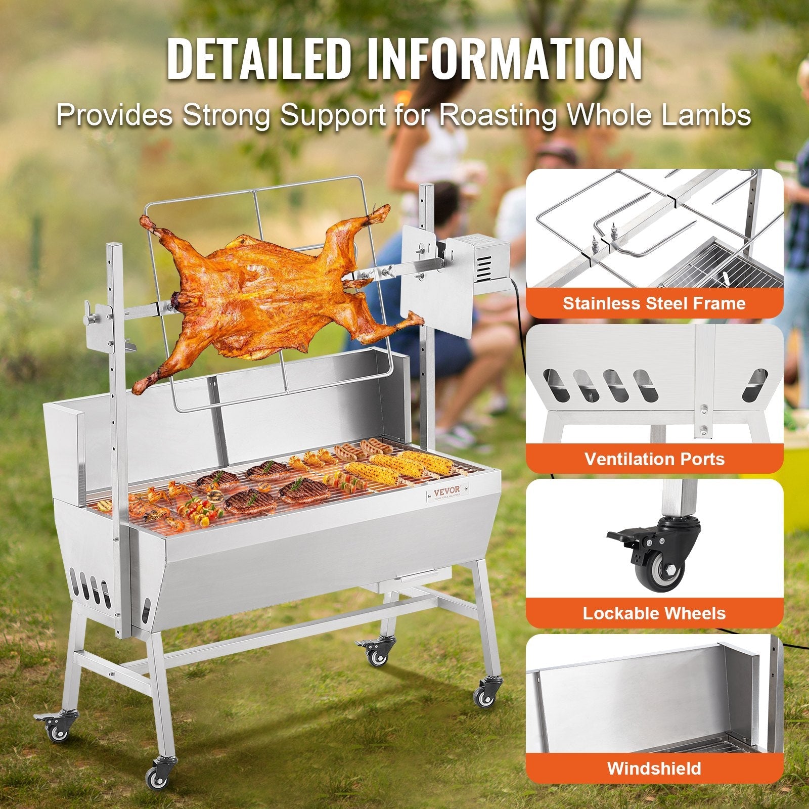 VEVOR Roaster Spit Rotisserie BBQ Grill Pig Lamb Chicken Roaster 42W 135LBS 
