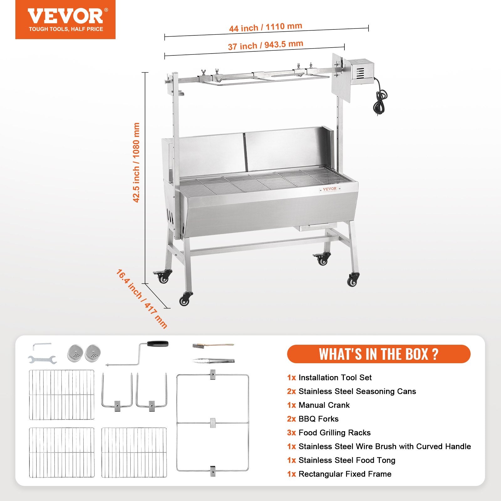 VEVOR Roaster Spit Rotisserie BBQ Grill Pig Lamb Chicken Roaster 42W 135LBS 