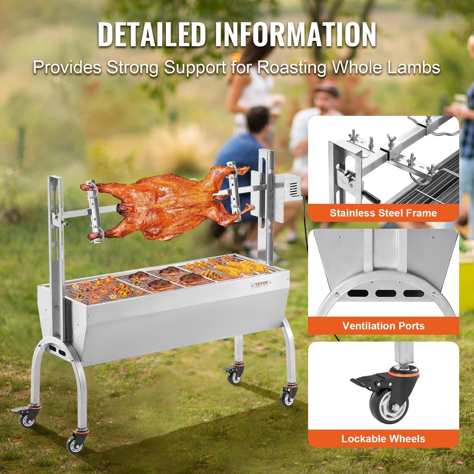 VEVOR Roaster Spit Rotisserie BBQ Grill Pig Lamb Chicken Roaster 52W 198LBS 