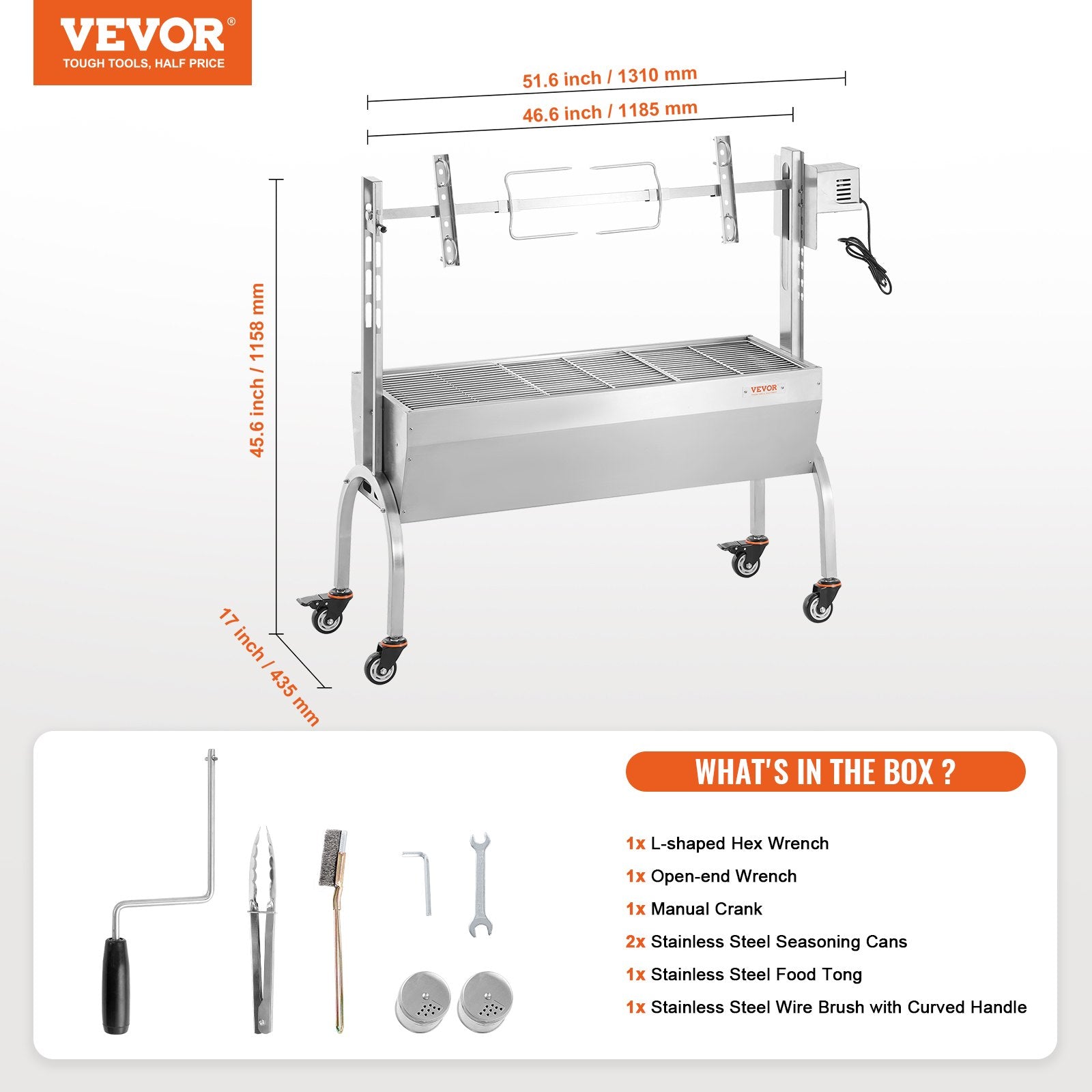 VEVOR Roaster Spit Rotisserie BBQ Grill Pig Lamb Chicken Roaster 52W 198LBS 