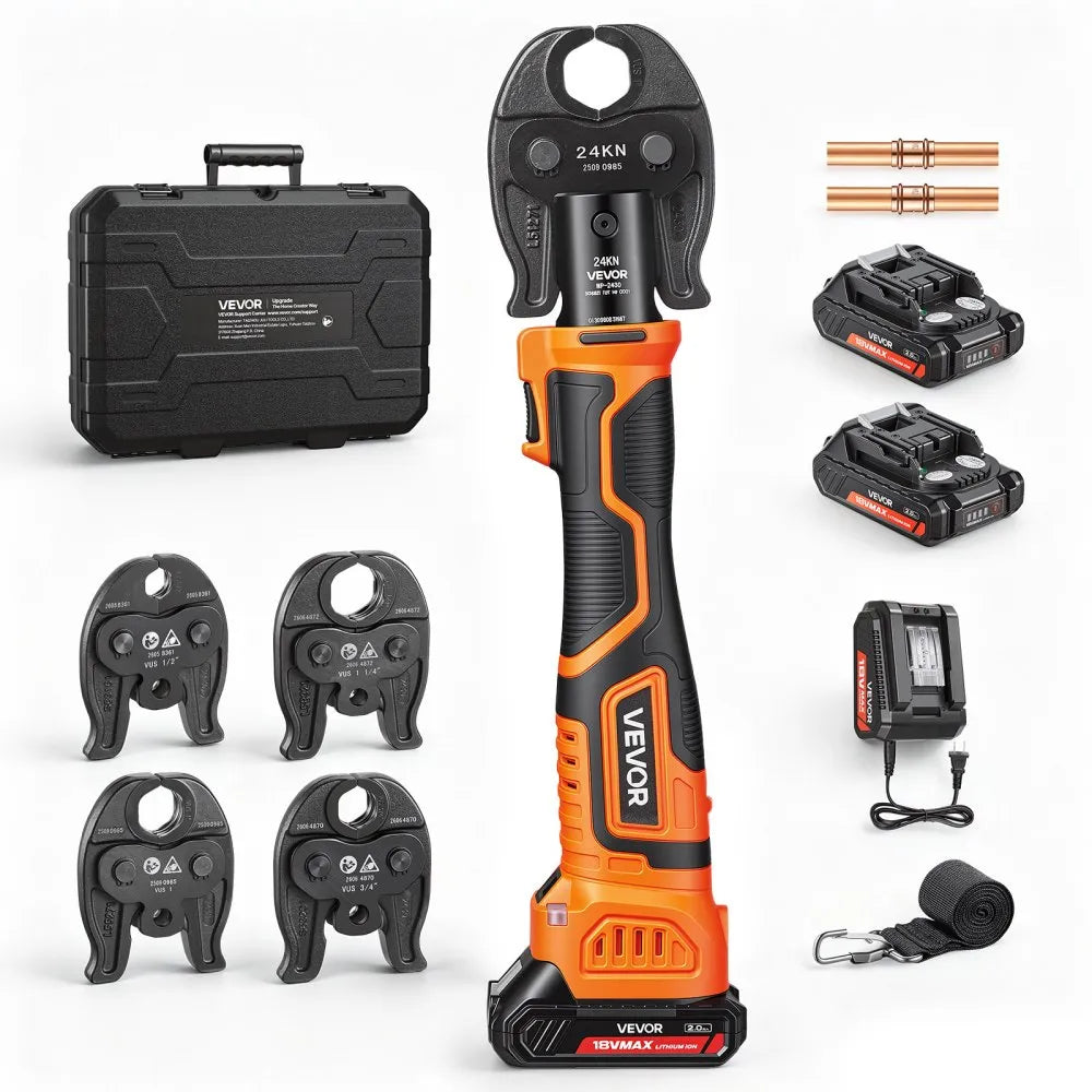 18V Electric Press Tool for Copper Pipes – 24KN Brushless Pipe Crimping Tool with 4 VUS Jaws, 2 Batteries & Toolbox
