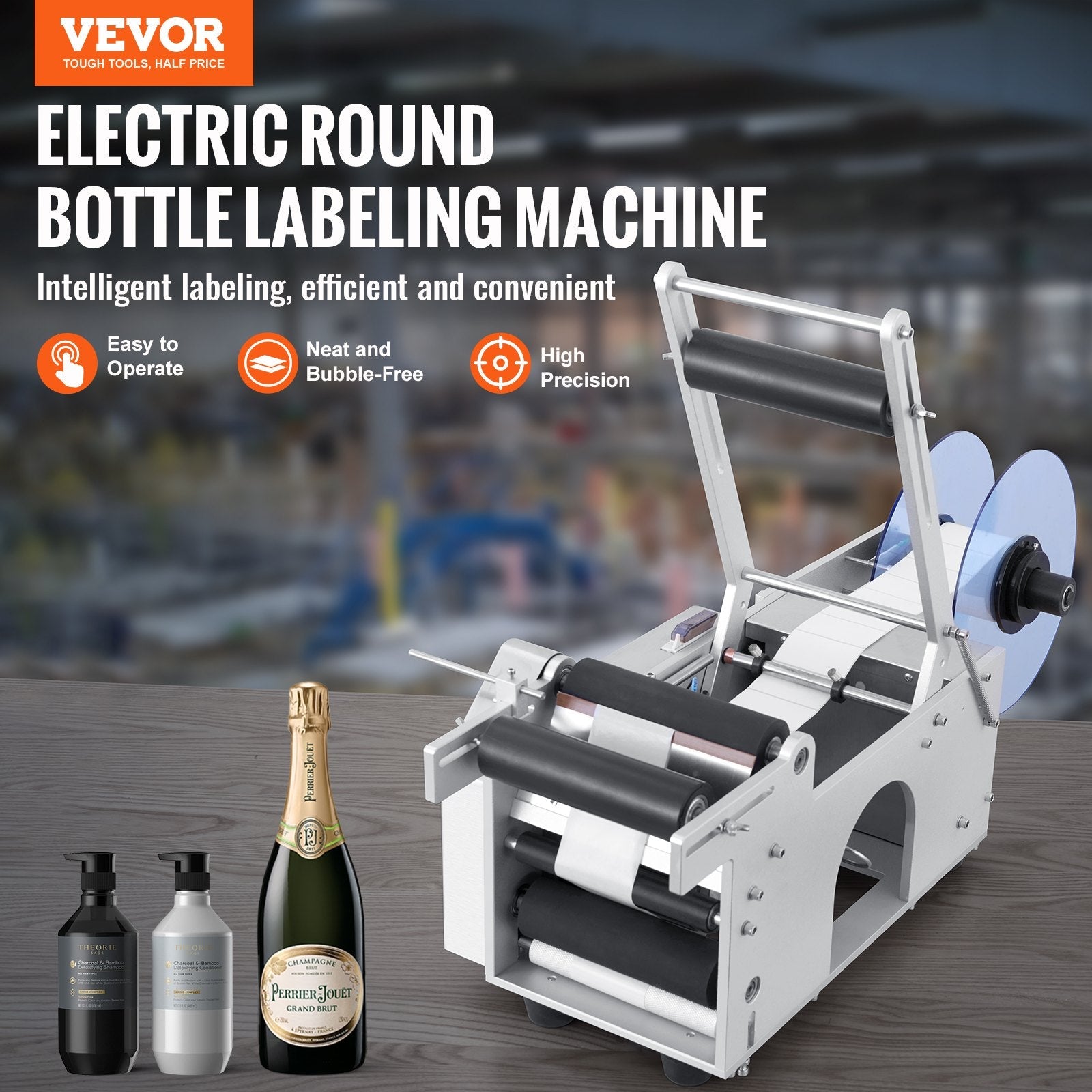 VEVOR Semi-Automatic Round Labeling Machine, 20-50pcs/min, Electric Bottle Label Applicator for Round Bottles, Round Bottle Labeler Suitable for Bottle Diameter 0.78-4.72 inches (with Pressing Bar) 