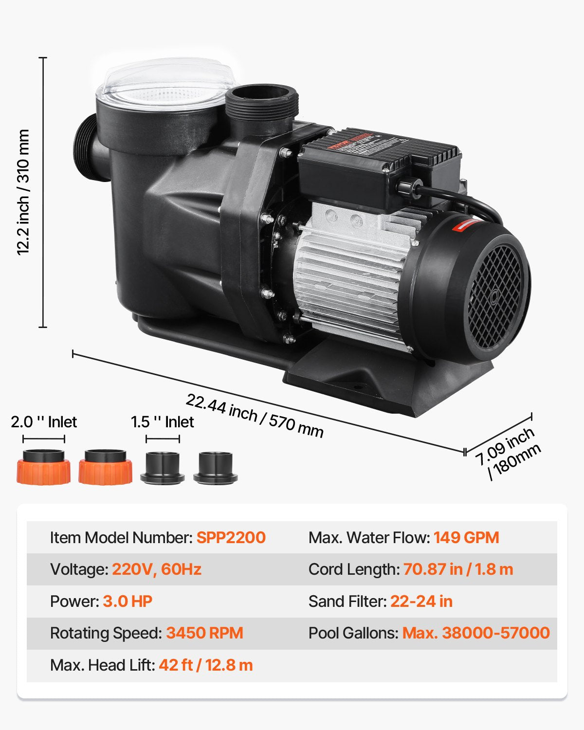 VEVOR 3 HP Above Ground Swimming Pool Pump Single Speed 149 GPM 3450 RPM 220V 