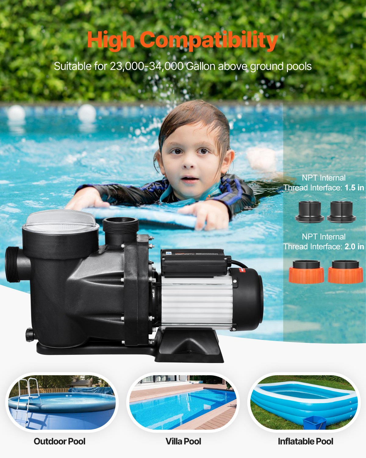 VEVOR 1.5 HP Above Ground Swimming Pool Pump Single Speed 122 GPM 3450 RPM 220V 