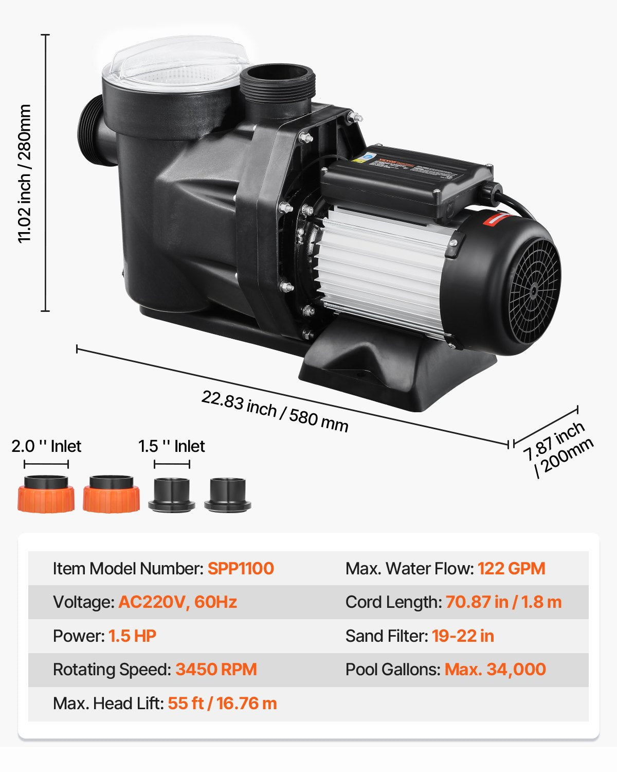 VEVOR 1.5 HP Above Ground Swimming Pool Pump Single Speed 122 GPM 3450 RPM 220V 