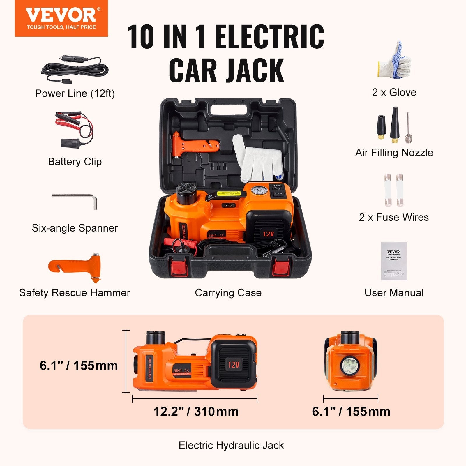 VEVOR Electric Hydraulic Car Floor Jack 5 Ton 12V Built-in Tire Inflator Pump 