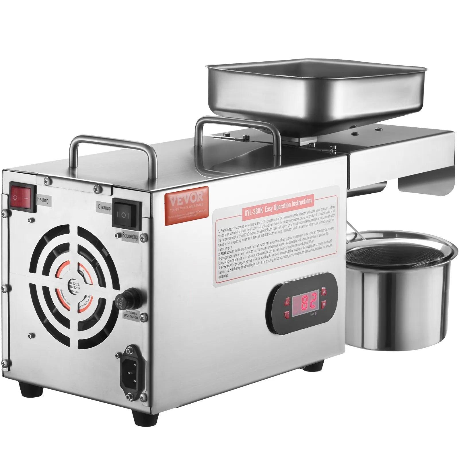 VEVOR Electric Oil Press Machine, 850W Stainless Steel Oil Extractor Machine, 0-300℃ / 32 - 572 ℉ Adjustable Temperature, Hot Press Oil Expeller for Pressing Peanuts, Sesame Seeds, Rapeseed, Tea Seeds
