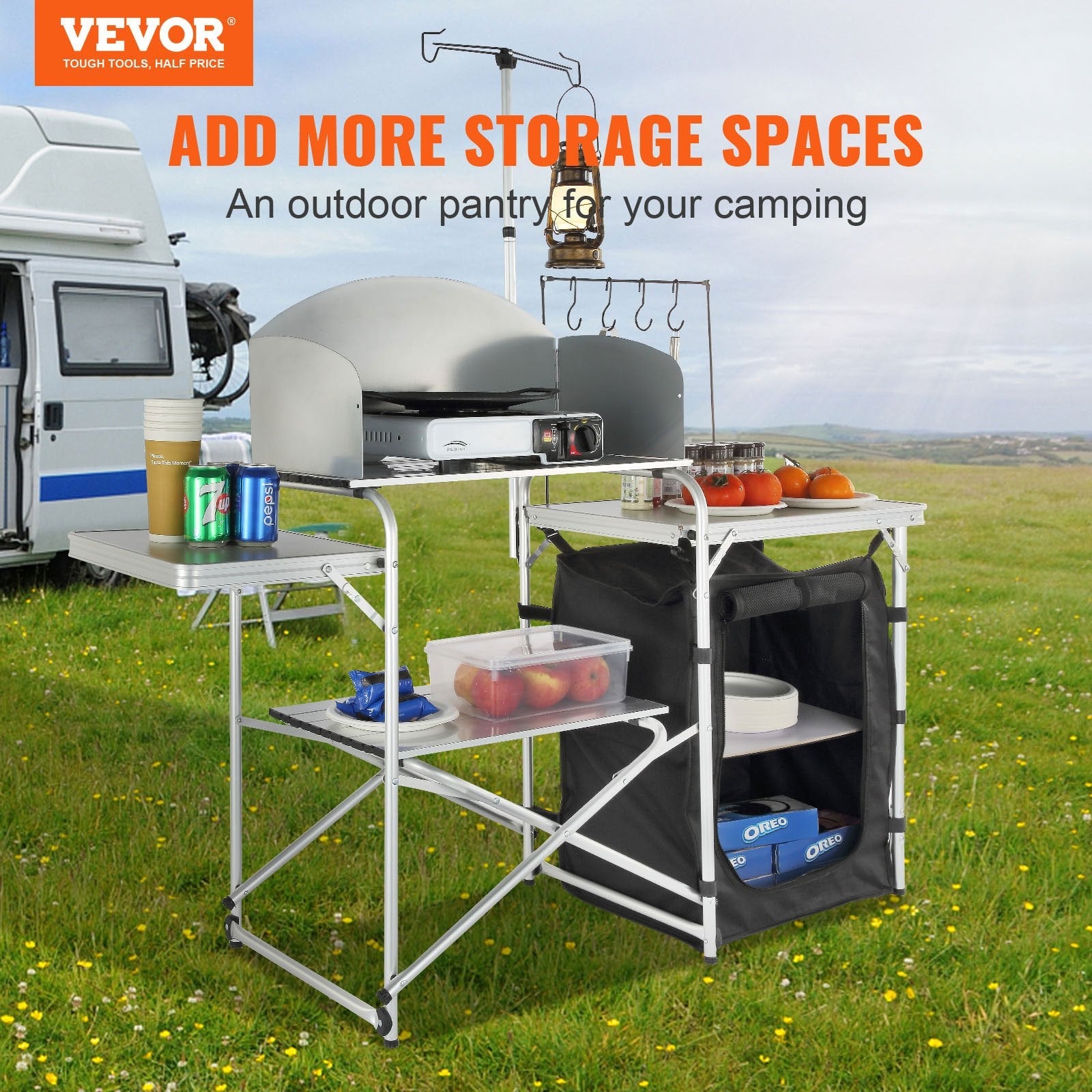VEVOR Camping Kitchen Table, Folding Outdoor Cooking Table with Storage Carrying Bag, Aluminum Cook Station 1 Cupboard & Detachable Windscreen, Quick Set-up for Picnics, BBQ, RV Traveling, Black 