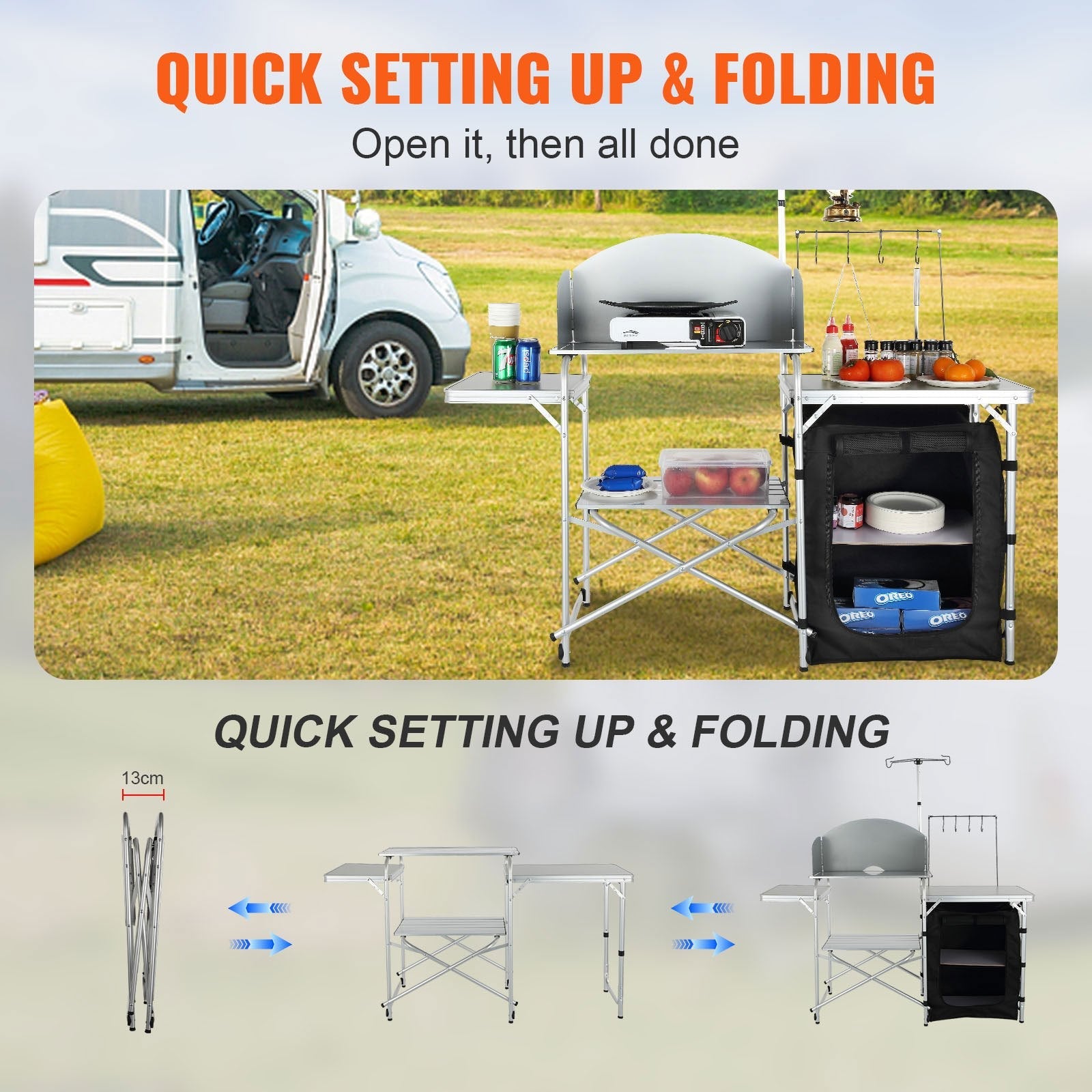 VEVOR Camping Kitchen Table, Folding Outdoor Cooking Table with Storage Carrying Bag, Aluminum Cook Station 1 Cupboard & Detachable Windscreen, Quick Set-up for Picnics, BBQ, RV Traveling, Black 