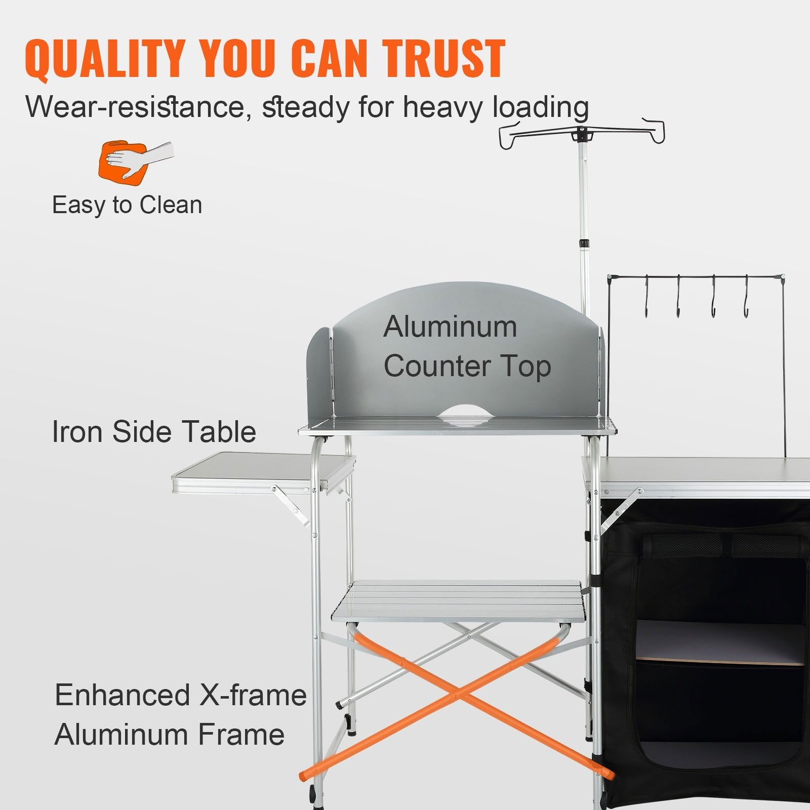 VEVOR Camping Kitchen Table, Folding Outdoor Cooking Table with Storage Carrying Bag, Aluminum Cook Station 1 Cupboard & Detachable Windscreen, Quick Set-up for Picnics, BBQ, RV Traveling, Black 