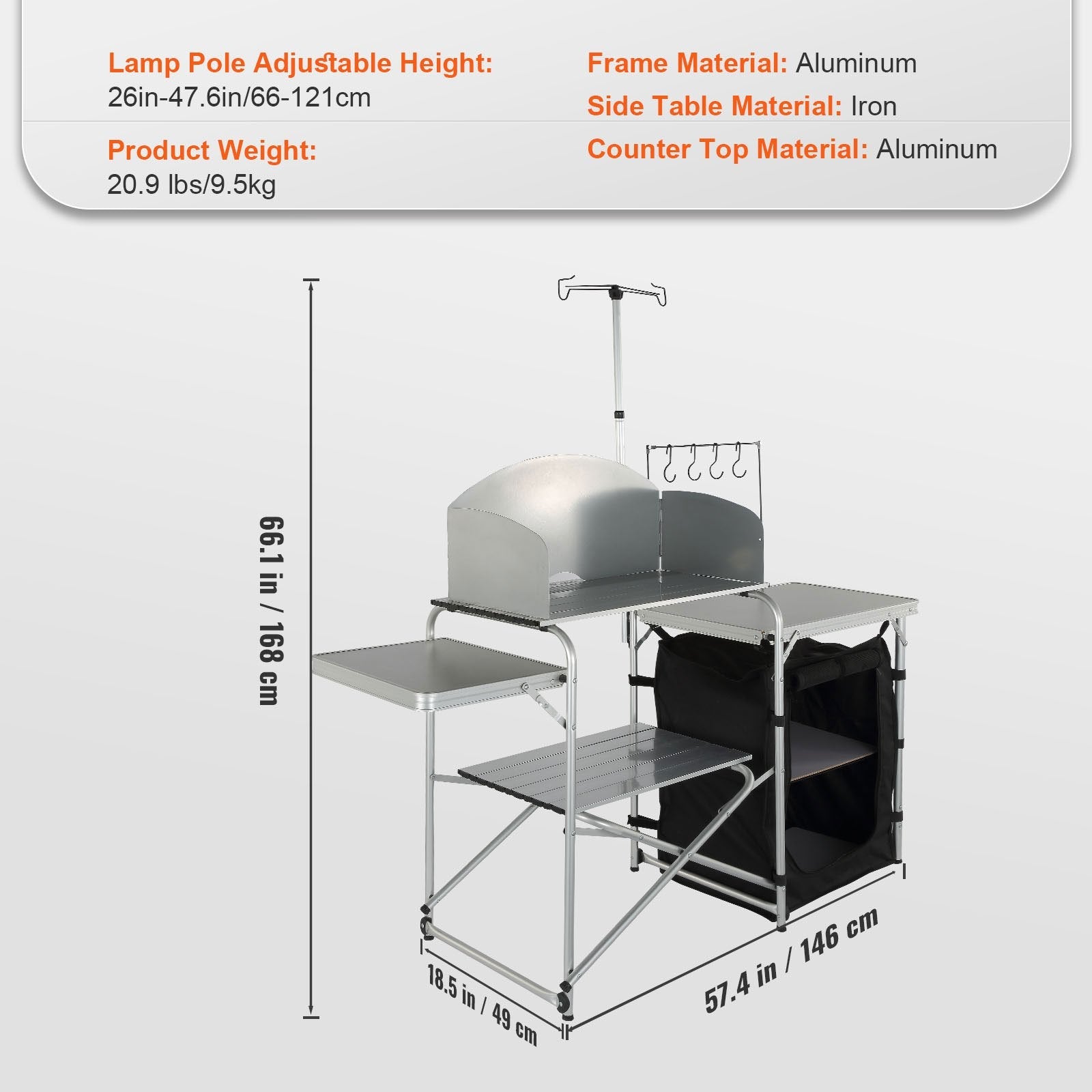 VEVOR Camping Kitchen Table, Folding Outdoor Cooking Table with Storage Carrying Bag, Aluminum Cook Station 1 Cupboard & Detachable Windscreen, Quick Set-up for Picnics, BBQ, RV Traveling, Black 