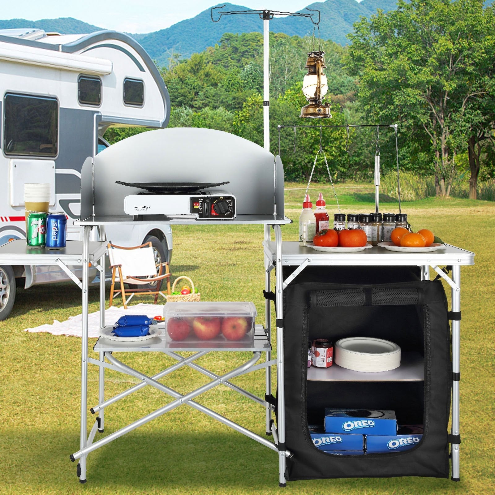 VEVOR Camping Kitchen Table, Folding Outdoor Cooking Table with Storage Carrying Bag, Aluminum Cook Station 1 Cupboard & Detachable Windscreen, Quick Set-up for Picnics, BBQ, RV Traveling, Black 