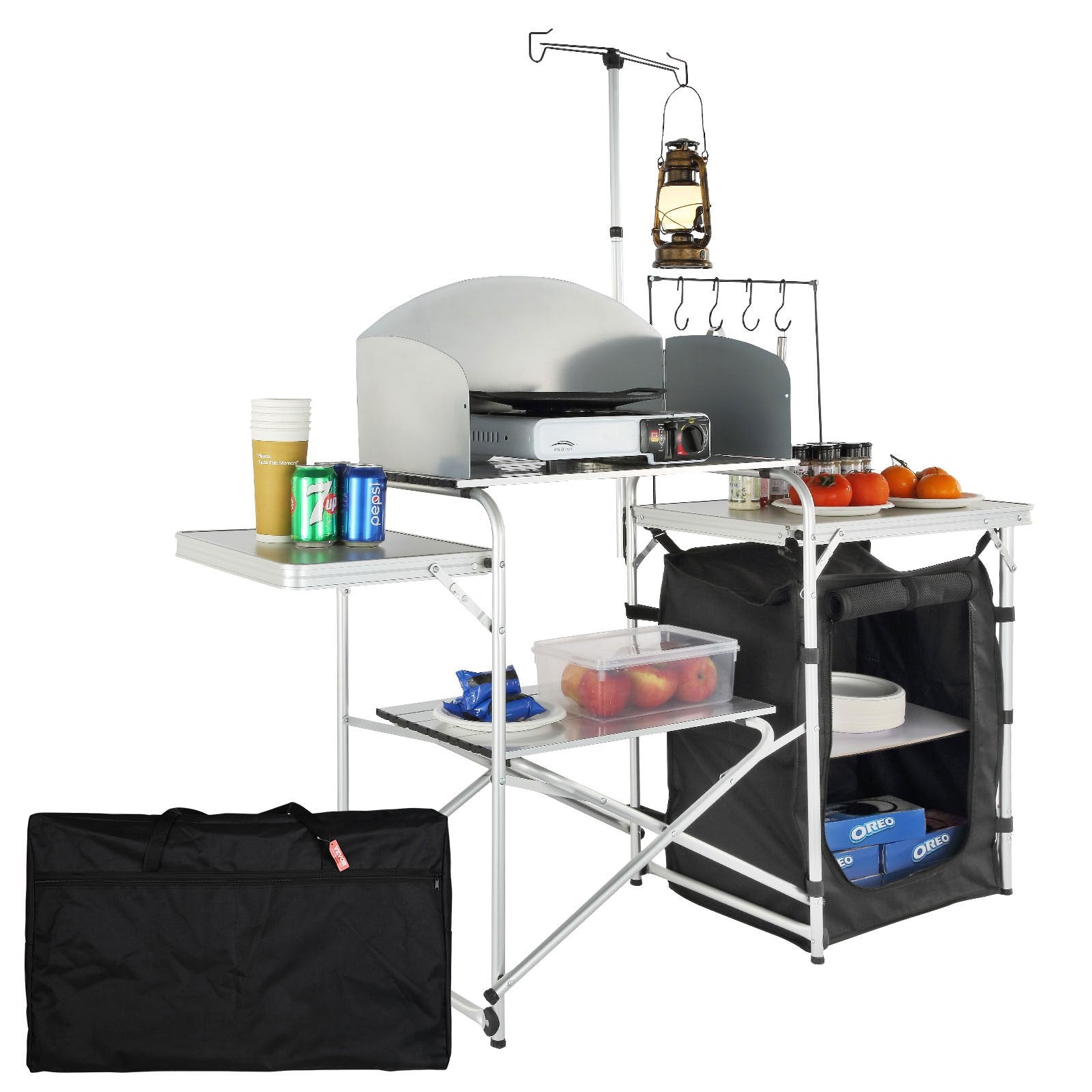 VEVOR Camping Kitchen Table, Folding Outdoor Cooking Table with Storage Carrying Bag, Aluminum Cook Station 1 Cupboard & Detachable Windscreen, Quick Set-up for Picnics, BBQ, RV Traveling, Black 