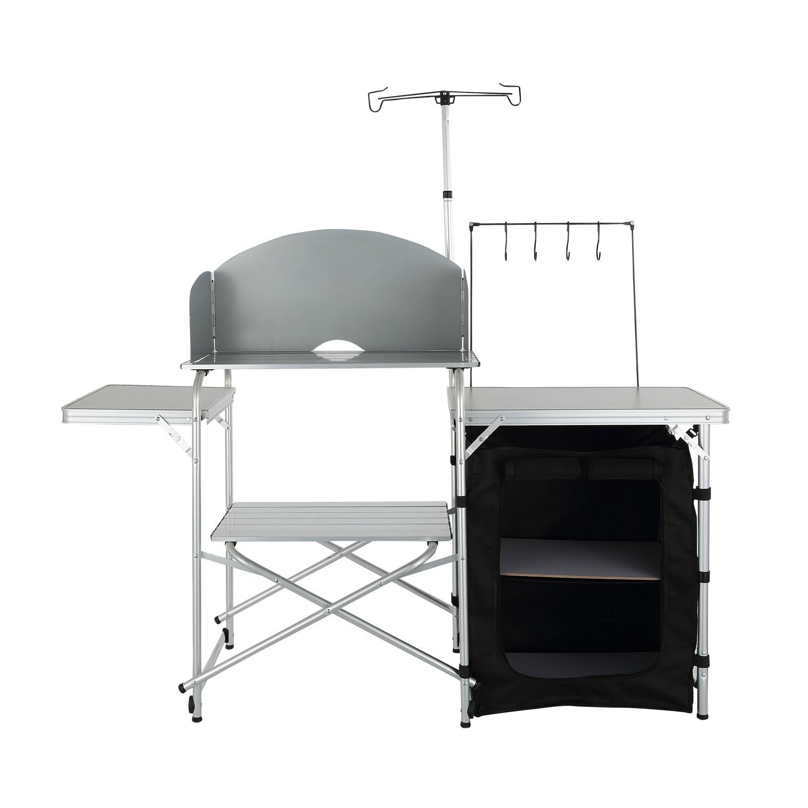 VEVOR Camping Kitchen Table, Folding Outdoor Cooking Table with Storage Carrying Bag, Aluminum Cook Station 1 Cupboard & Detachable Windscreen, Quick Set-up for Picnics, BBQ, RV Traveling, Black 