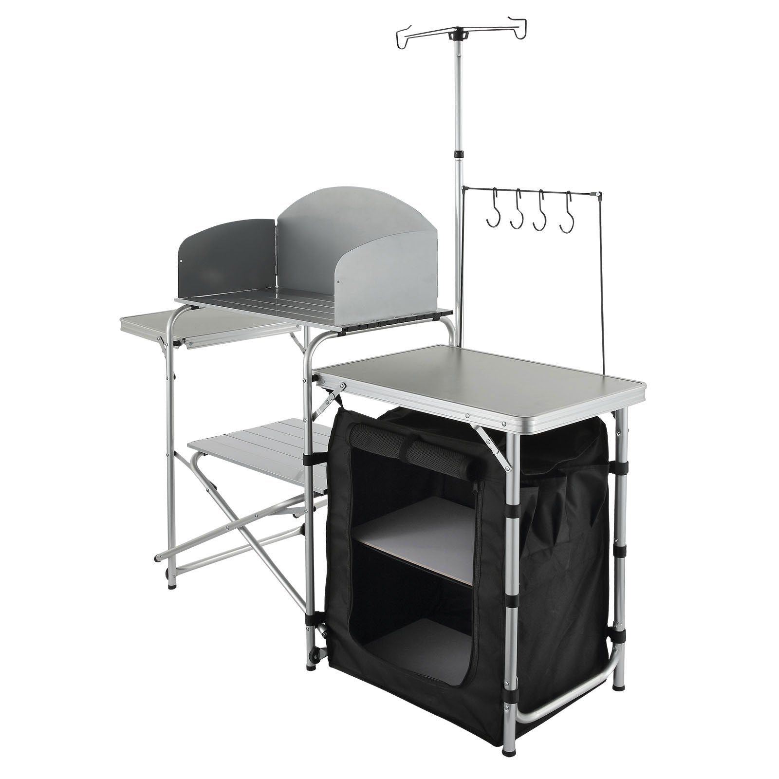 VEVOR Camping Kitchen Table, Folding Outdoor Cooking Table with Storage Carrying Bag, Aluminum Cook Station 1 Cupboard & Detachable Windscreen, Quick Set-up for Picnics, BBQ, RV Traveling, Black 