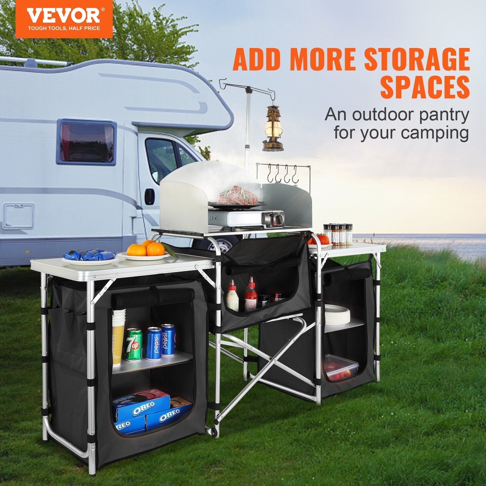 VEVOR Camping Kitchen Table, Folding Outdoor Cooking Table with Storage Carrying Bag, Aluminum Cook Station 3 Cupboard & Detachable Windscreen, Quick Set-up for Picnics, BBQ, RV Traveling, Black 