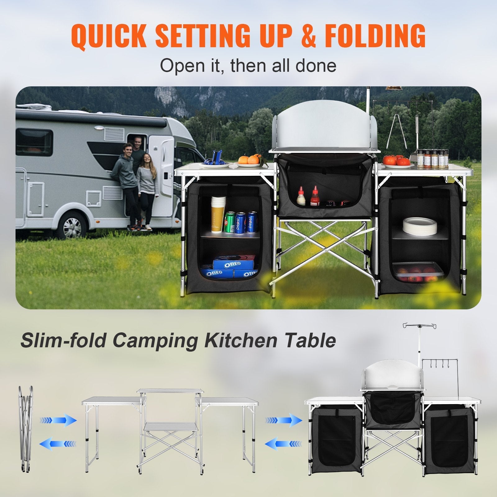VEVOR Camping Kitchen Table, Folding Outdoor Cooking Table with Storage Carrying Bag, Aluminum Cook Station 3 Cupboard & Detachable Windscreen, Quick Set-up for Picnics, BBQ, RV Traveling, Black 