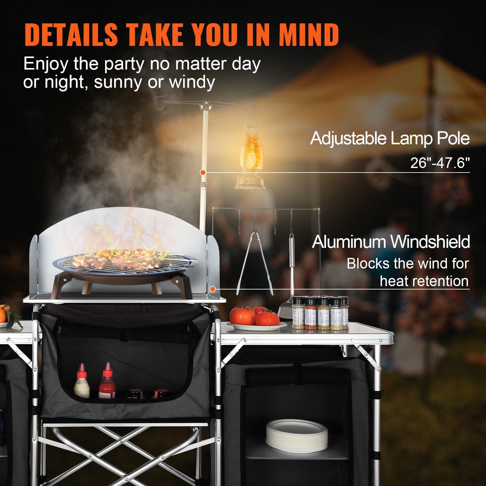 VEVOR Camping Kitchen Table, Folding Outdoor Cooking Table with Storage Carrying Bag, Aluminum Cook Station 3 Cupboard & Detachable Windscreen, Quick Set-up for Picnics, BBQ, RV Traveling, Black 