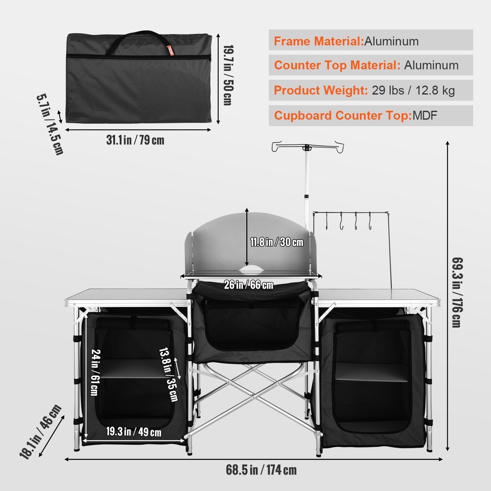VEVOR Camping Kitchen Table, Folding Outdoor Cooking Table with Storage Carrying Bag, Aluminum Cook Station 3 Cupboard & Detachable Windscreen, Quick Set-up for Picnics, BBQ, RV Traveling, Black 