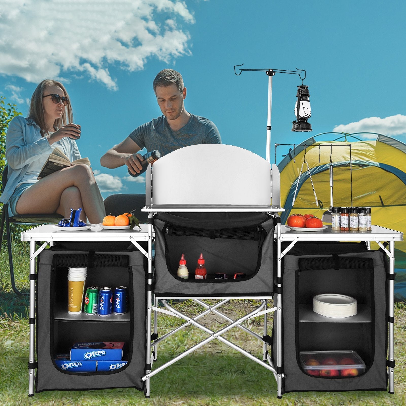 VEVOR Camping Kitchen Table, Folding Outdoor Cooking Table with Storage Carrying Bag, Aluminum Cook Station 3 Cupboard & Detachable Windscreen, Quick Set-up for Picnics, BBQ, RV Traveling, Black 