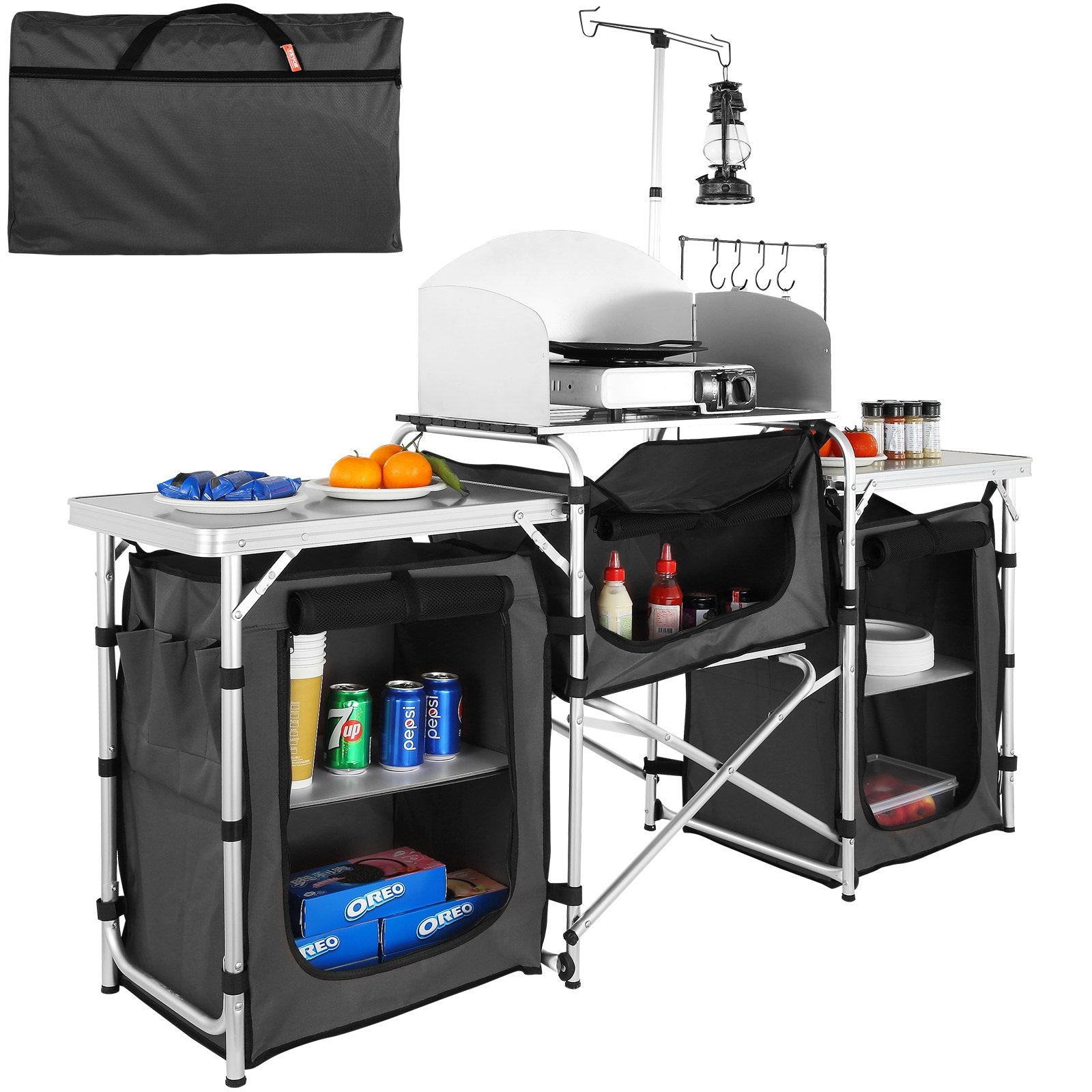 VEVOR Camping Kitchen Table, Folding Outdoor Cooking Table with Storage Carrying Bag, Aluminum Cook Station 3 Cupboard & Detachable Windscreen, Quick Set-up for Picnics, BBQ, RV Traveling, Black 