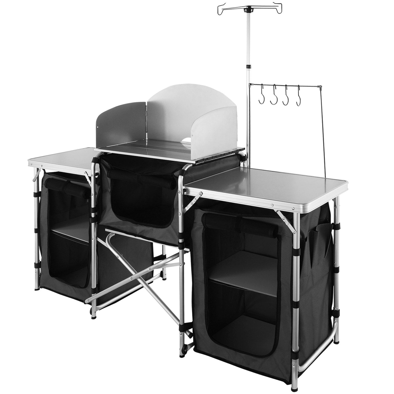 VEVOR Camping Kitchen Table, Folding Outdoor Cooking Table with Storage Carrying Bag, Aluminum Cook Station 3 Cupboard & Detachable Windscreen, Quick Set-up for Picnics, BBQ, RV Traveling, Black 