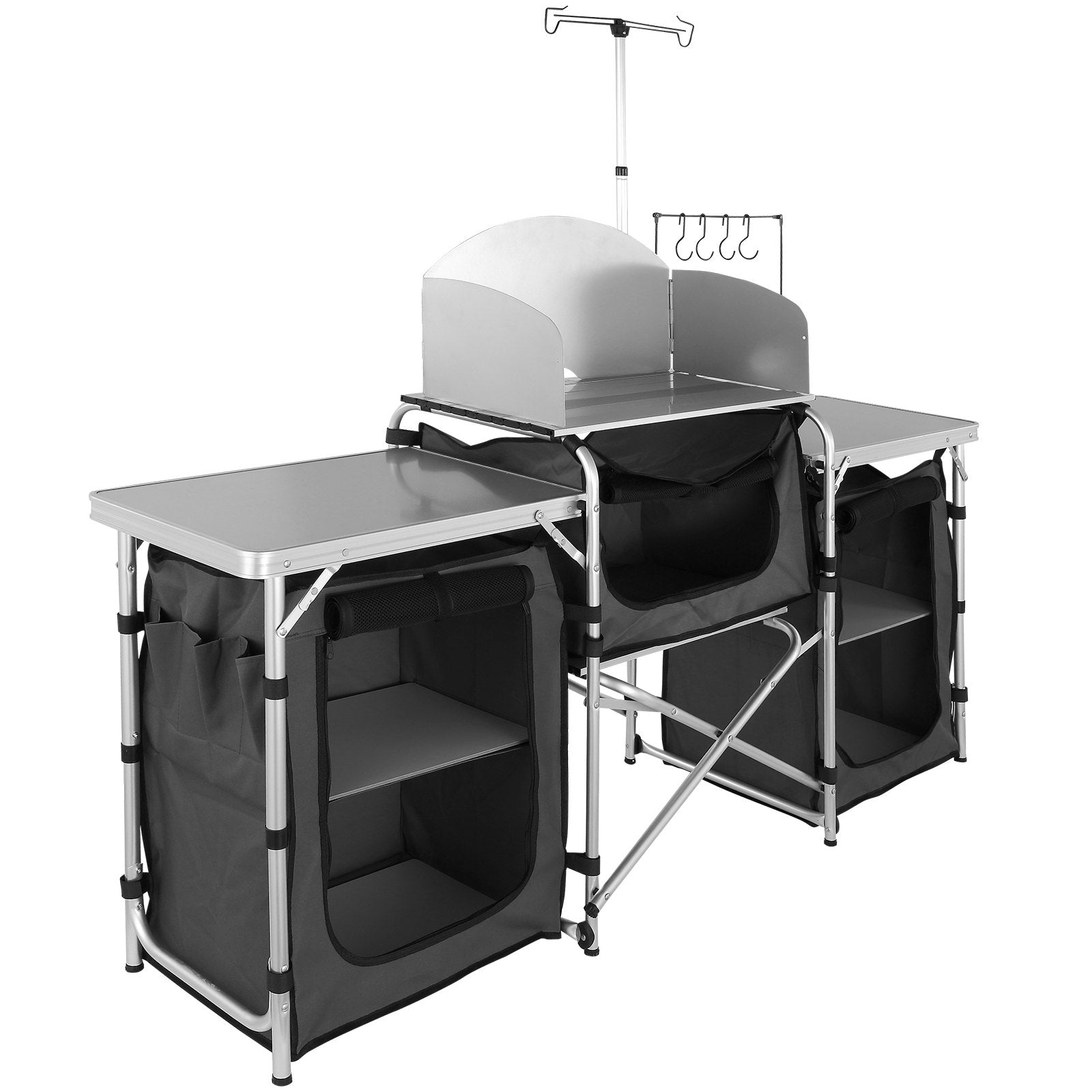 VEVOR Camping Kitchen Table, Folding Outdoor Cooking Table with Storage Carrying Bag, Aluminum Cook Station 3 Cupboard & Detachable Windscreen, Quick Set-up for Picnics, BBQ, RV Traveling, Black 