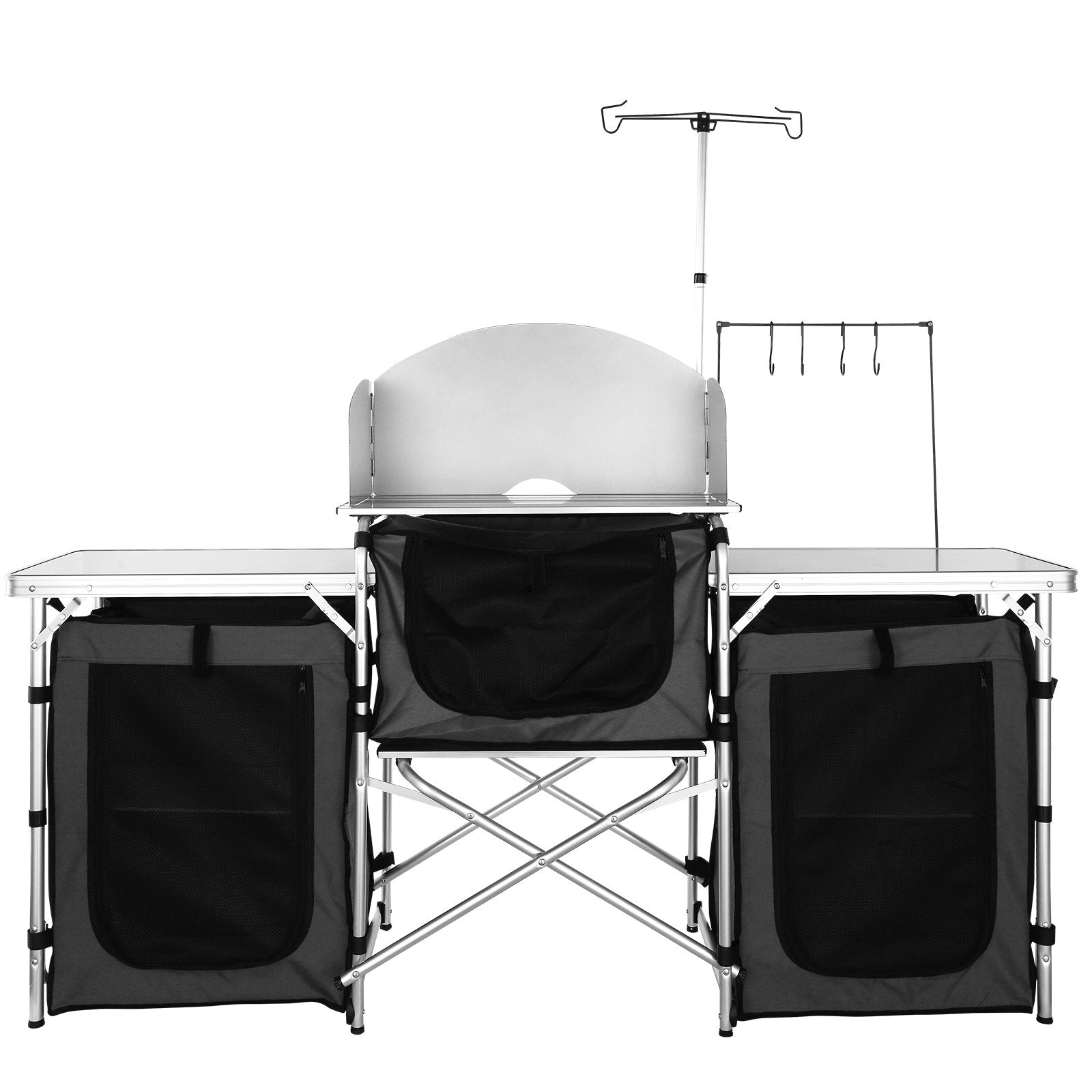 VEVOR Camping Kitchen Table, Folding Outdoor Cooking Table with Storage Carrying Bag, Aluminum Cook Station 3 Cupboard & Detachable Windscreen, Quick Set-up for Picnics, BBQ, RV Traveling, Black 