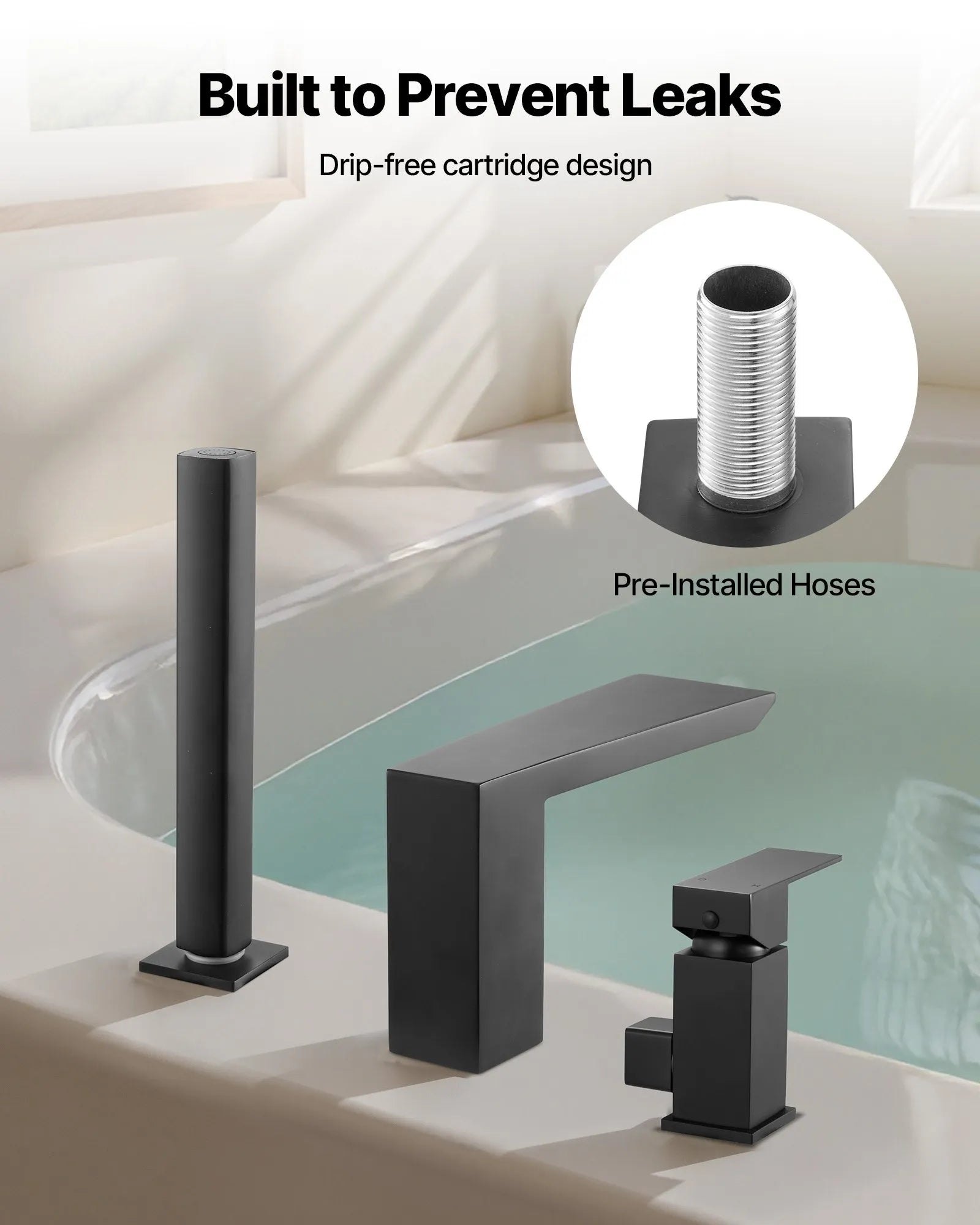 VEVOR Roman Tub Faucet, 3-Hole Bathtub Faucet with Handheld Shower, Matte Black, Stainless Stee 