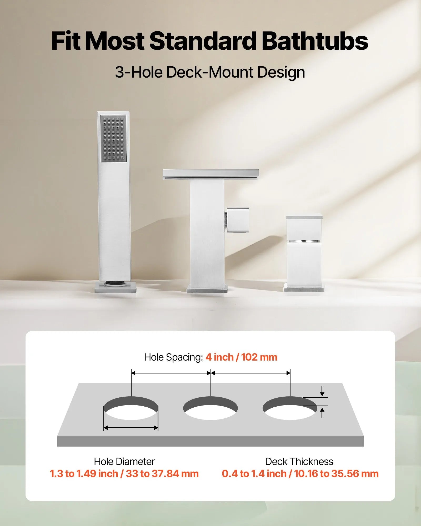 VEVOR Roman Tub Faucet, 3 Hole Waterfall Bathtub Faucet, Roman Bathtub Faucets Set with Shower Head & 1 Handle, Deck Mount Bath Tub Faucets Set for Adult Bathing, Brushed Stainless Steel, Drip-Free 